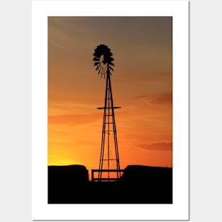 Blazing Kansas sky at Sunset with a Windmill silhouette Posters and Art